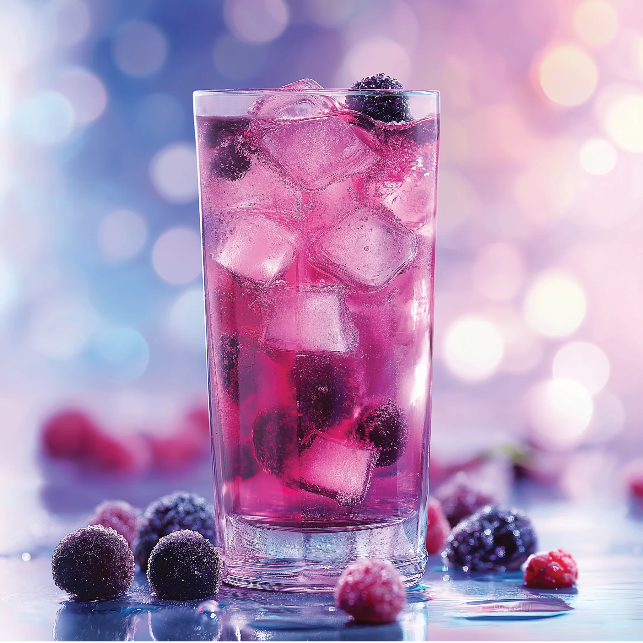 Glass of pink iced drink using Jordan's Skinny Mix to flavor water with berries on 