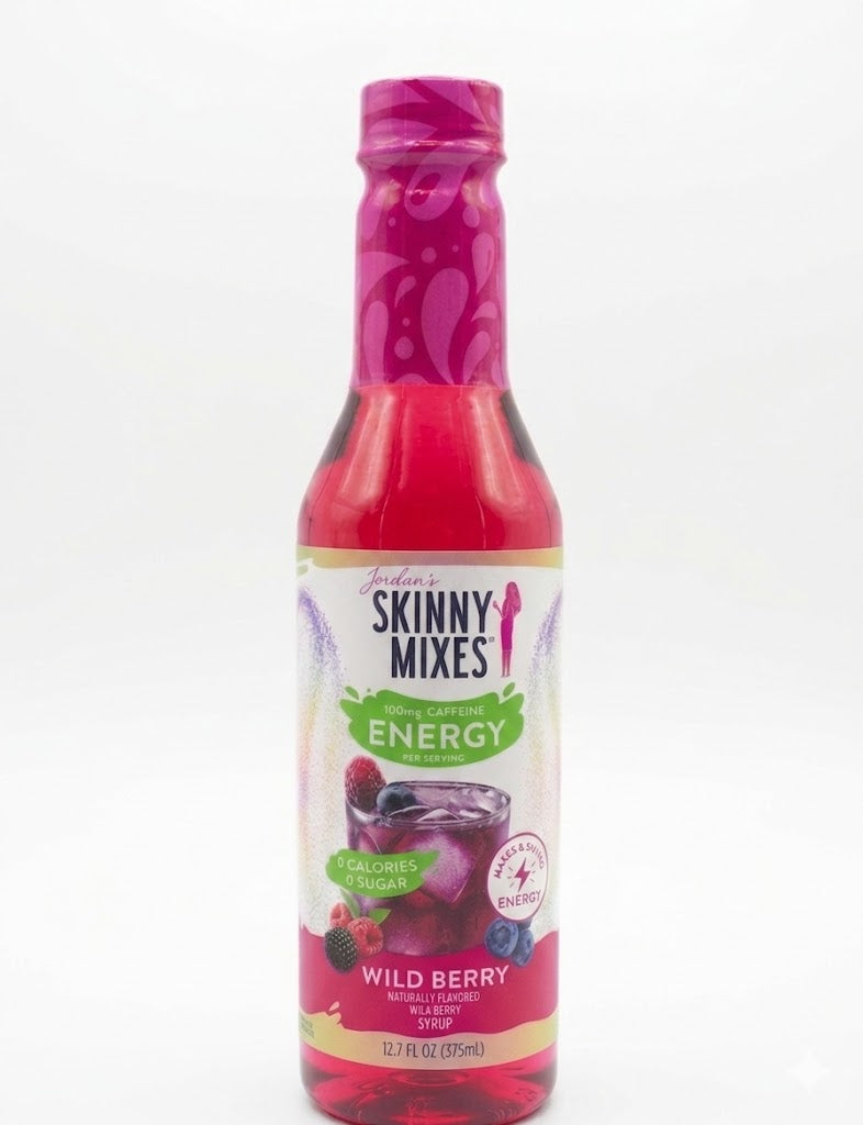 A bottle of Jordan's Skinny Mixes Sugar Free Wild Berry Energy Syrup - 375ml