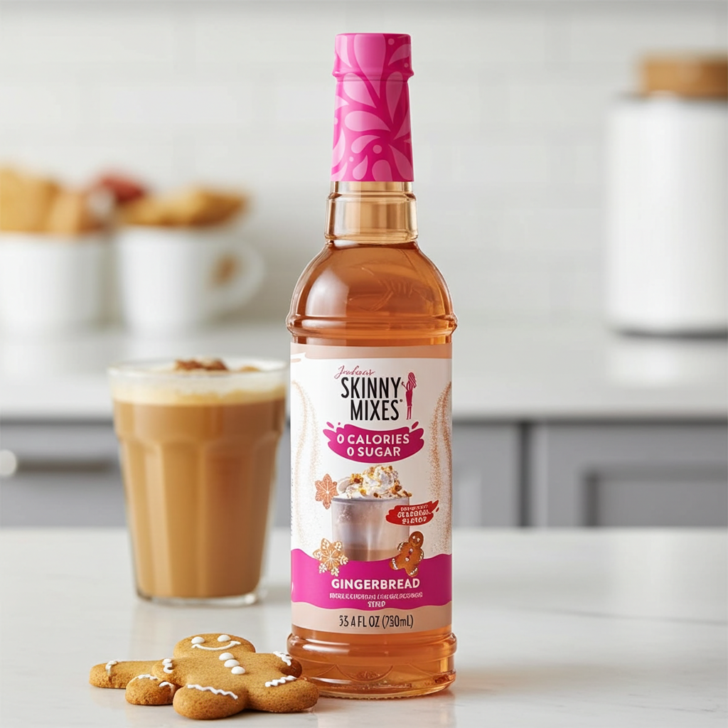 Bottle of Jordan's Skinny Mixes Gingerbread syrup with cookies and coffee in the background