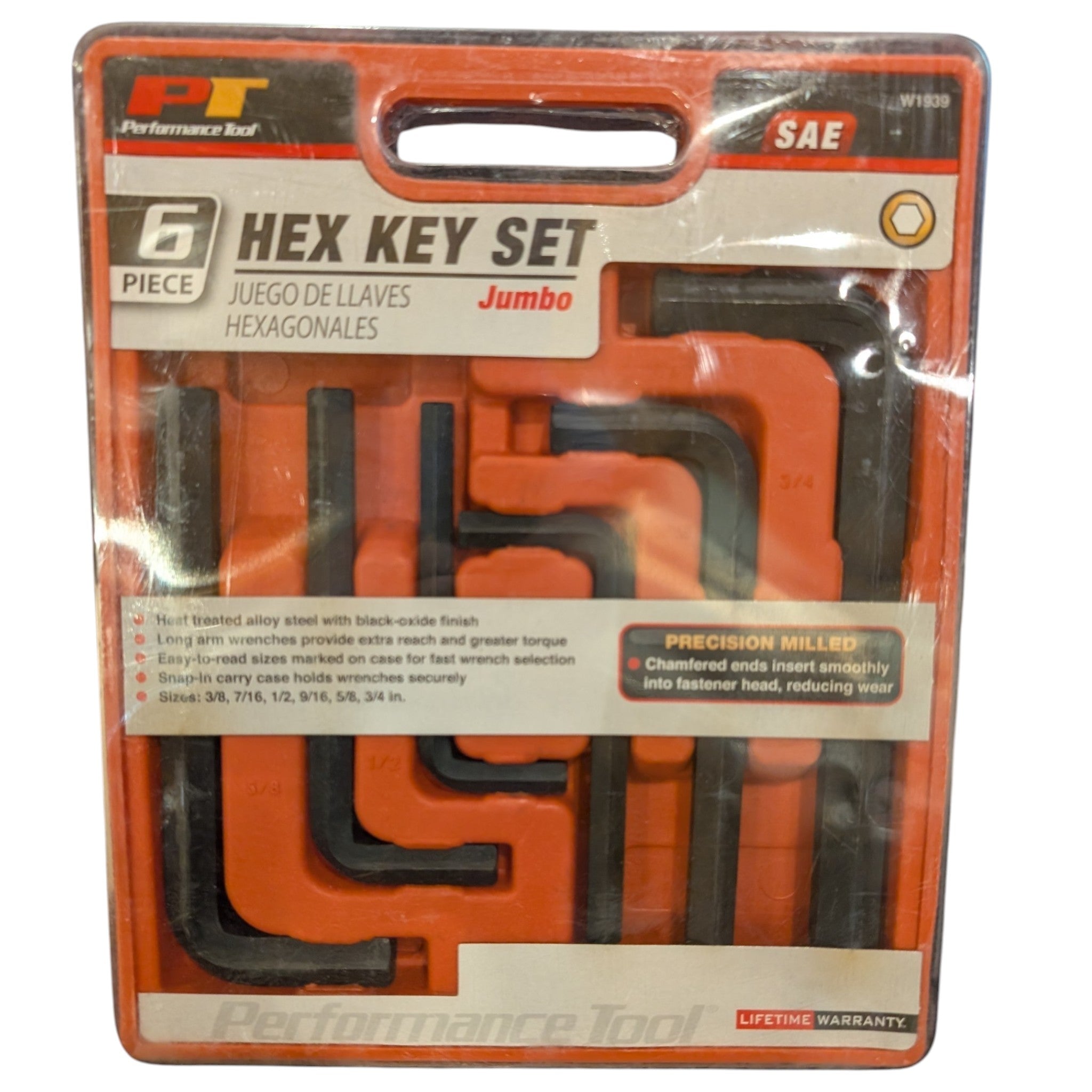 Performance Tool 6-piece SAE jumbo hex key set in orange snap-in storage case