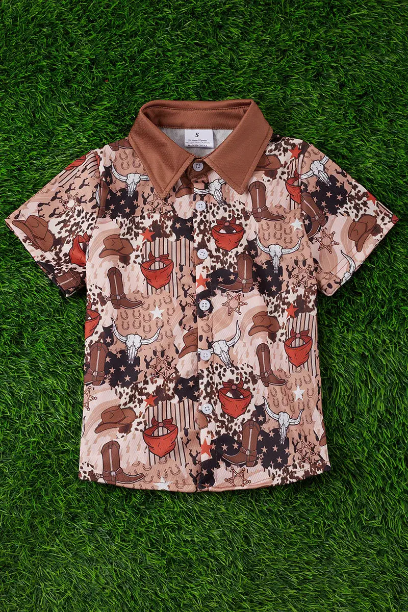 Children’s Western button-up shirt with horse and sheriff print