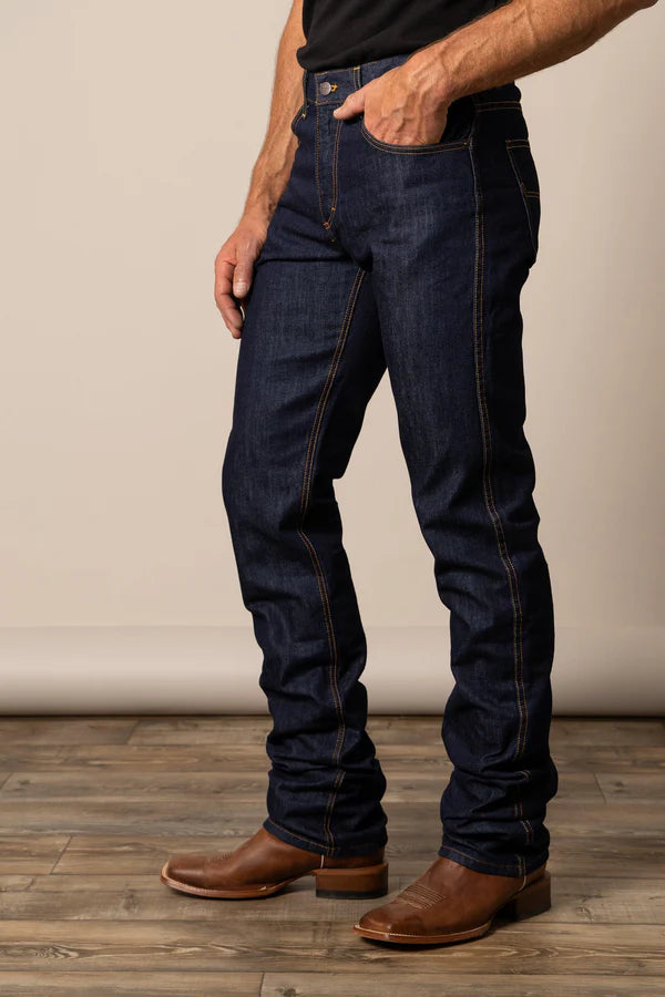 Person wearing Kimes Ranch style CAL dark blue jeans side profile