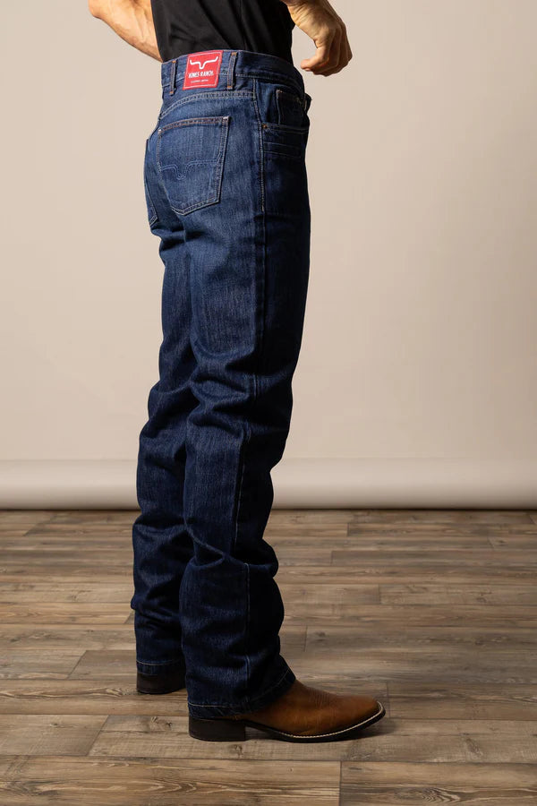 Kimes Ranch jeans in the style Dillon side view worn with boots