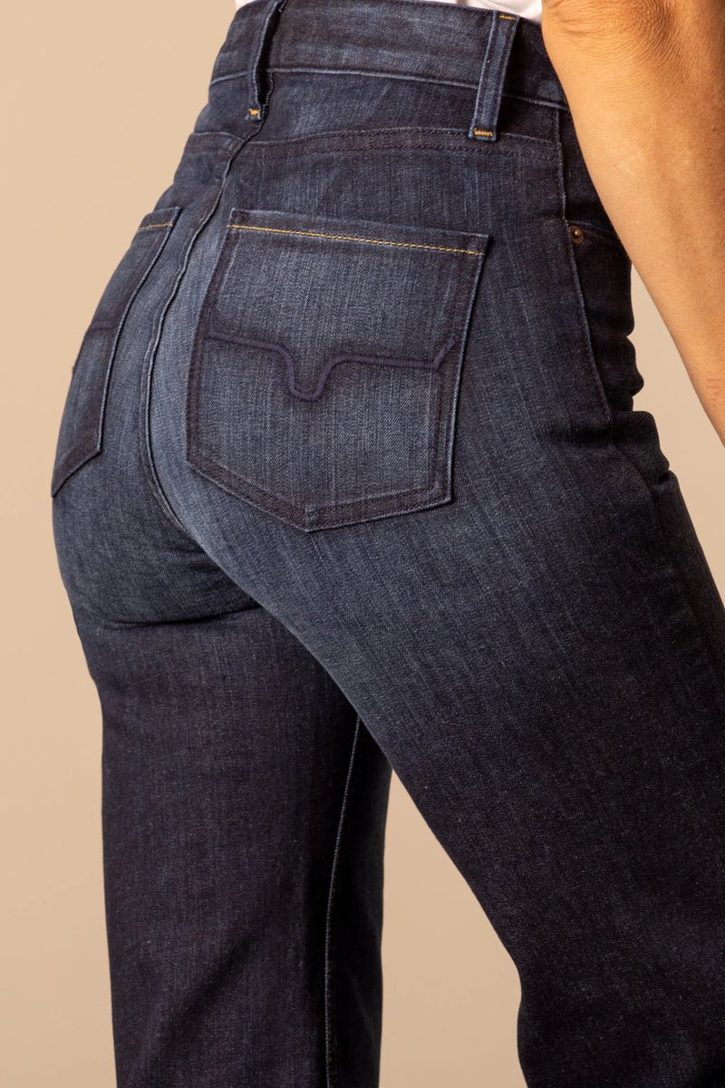 Kimes Ranch Jeans in the style Olivia dark wash view of hind pockets and high waist.