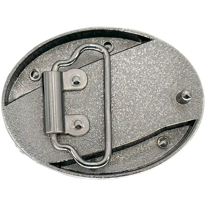 Back side of silver sunflower belt buckle with durable belt loop hardware and pin.