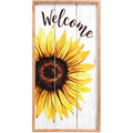 Vertical rustic wood-grain welcome sign featuring a bright blooming sunflower.