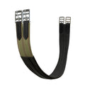Leather English girth with buckles and dual elastic on one end. 
