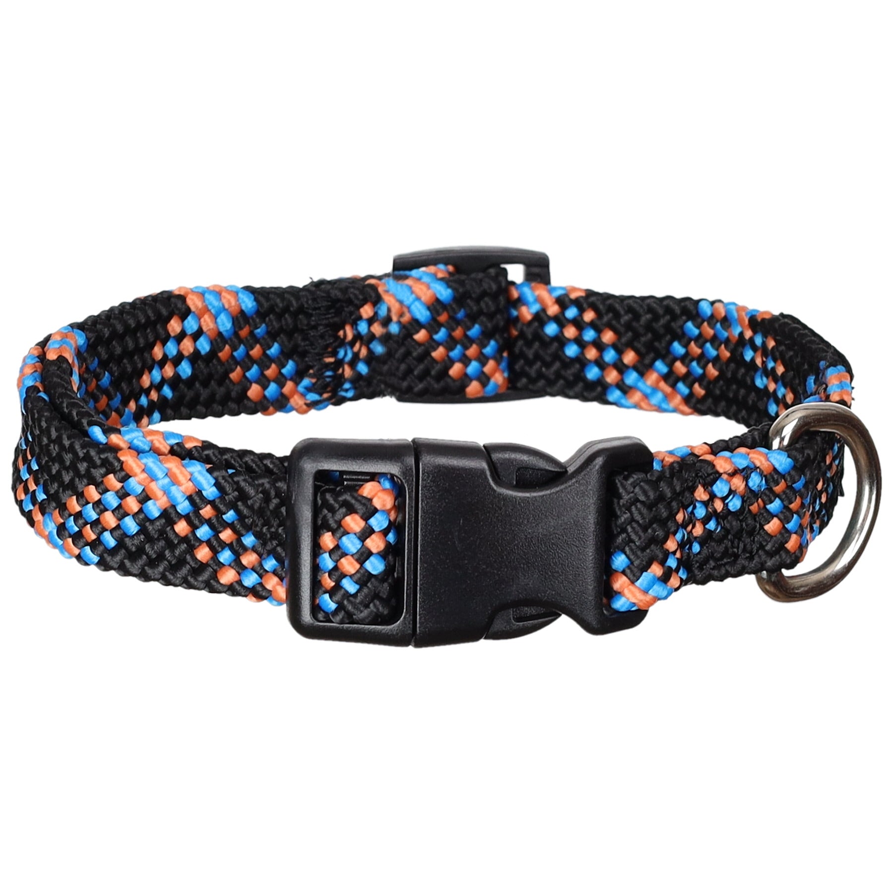 Black flat braided adjustable dog collar with blue and orange woven pattern.