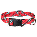 Red flat braided adjustable dog collar with black and turquoise woven accent pattern.