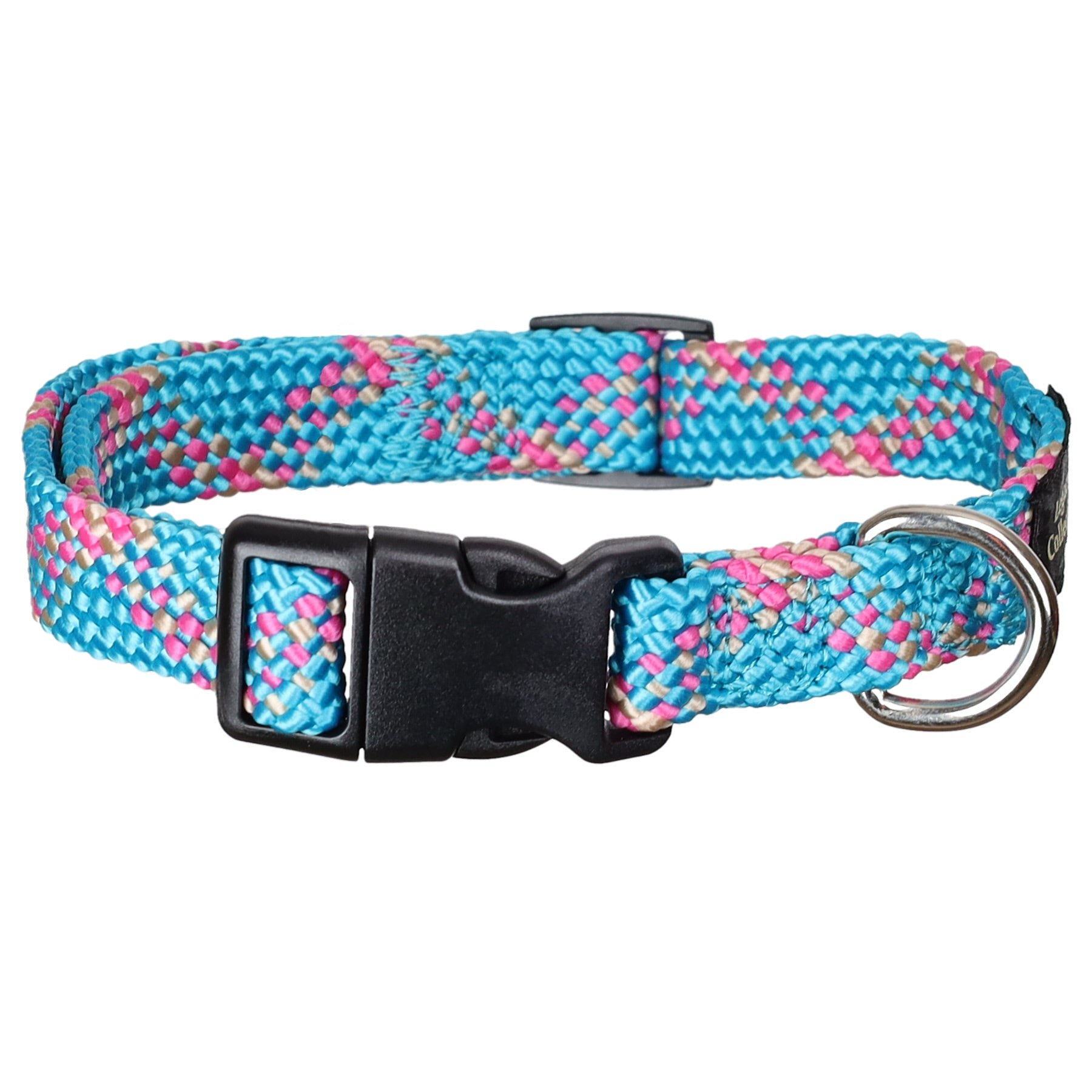 Teal flat braided adjustable dog collar with vibrant pink and tan patterned weave.