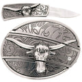 Silver belt buckle with bull head design on a white background