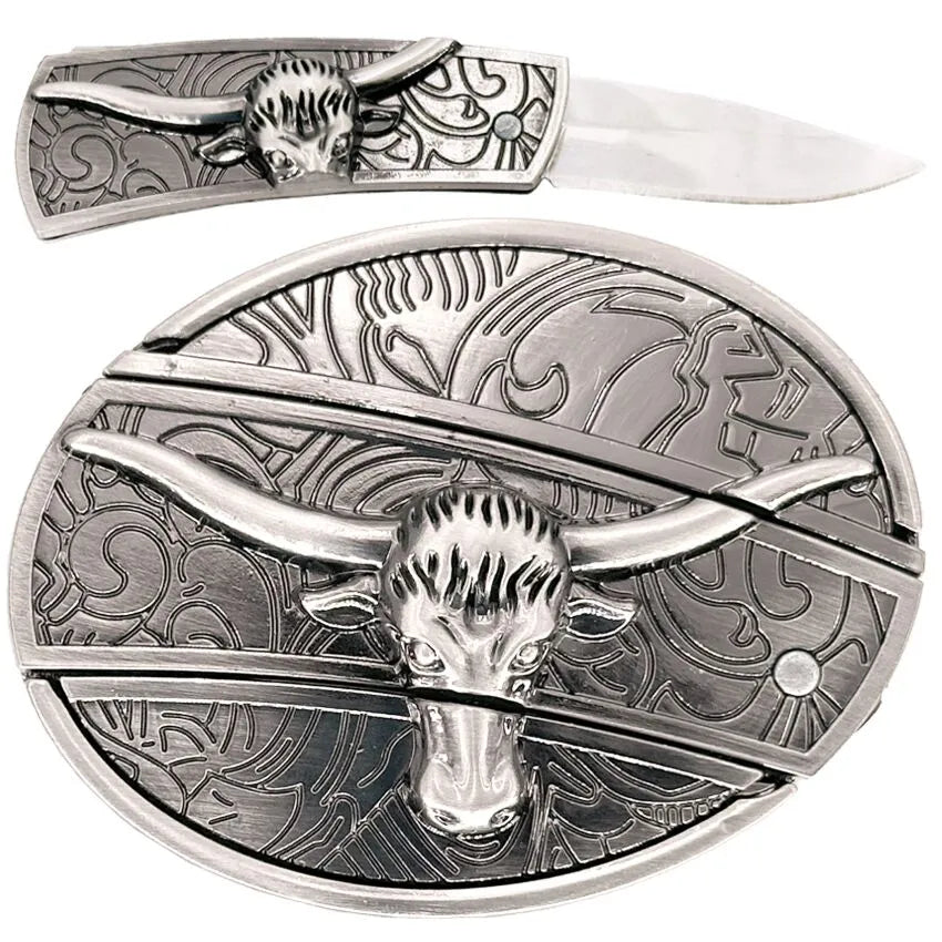 Silver belt buckle with bull head design on a white background