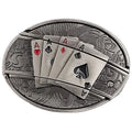 Belt buckle with playing card design featuring four aces on a white background