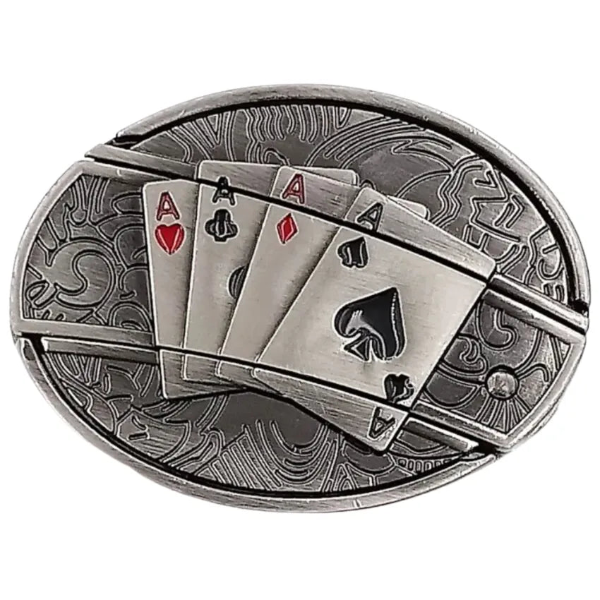 Belt buckle with playing card design featuring four aces on a white background