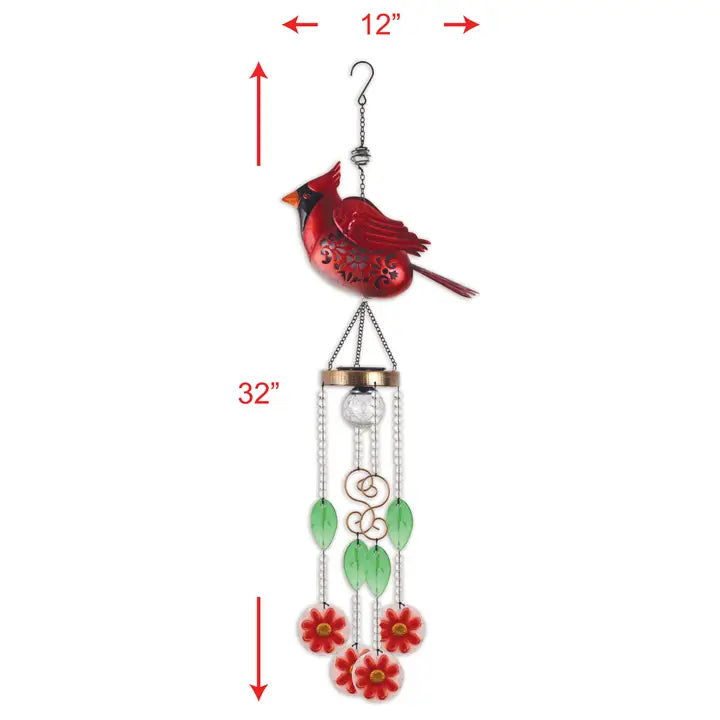 Decorative wind chime with cardinal bird design and floral elements, shown with measurements 