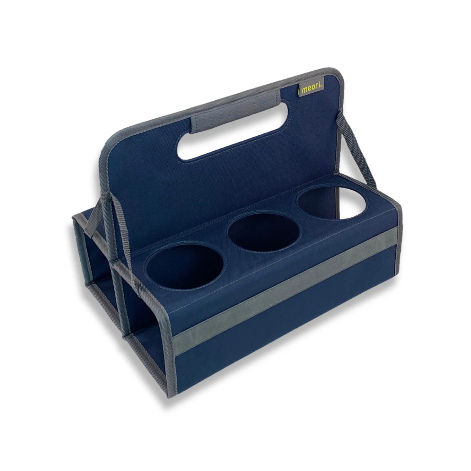 A navy blue reusable 6 Cup carrier.