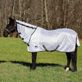 Horse wearing a white fly sheet with neck cover
