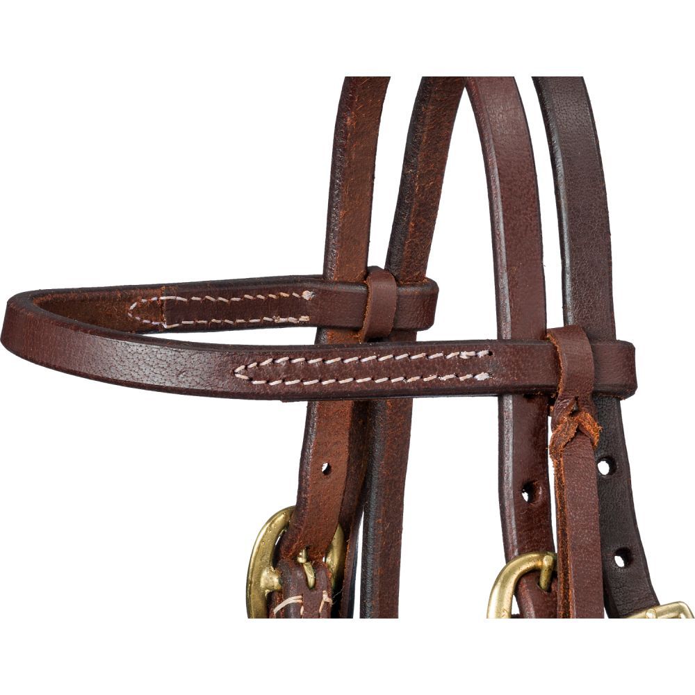 Close-up of white contrast stitching on a brown harness leather miniature horse browband headstall