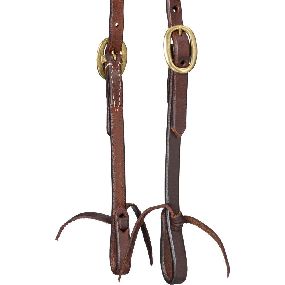 Close-up of brown harness leather miniature horse headstall cheekpiece showing solid brass buckle and tie bit end