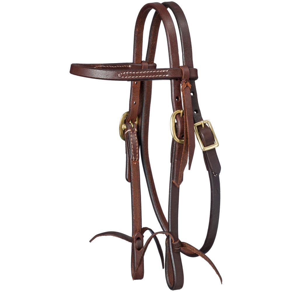 Brown harness leather miniature horse browband headstall with solid brass buckle and tie bit ends