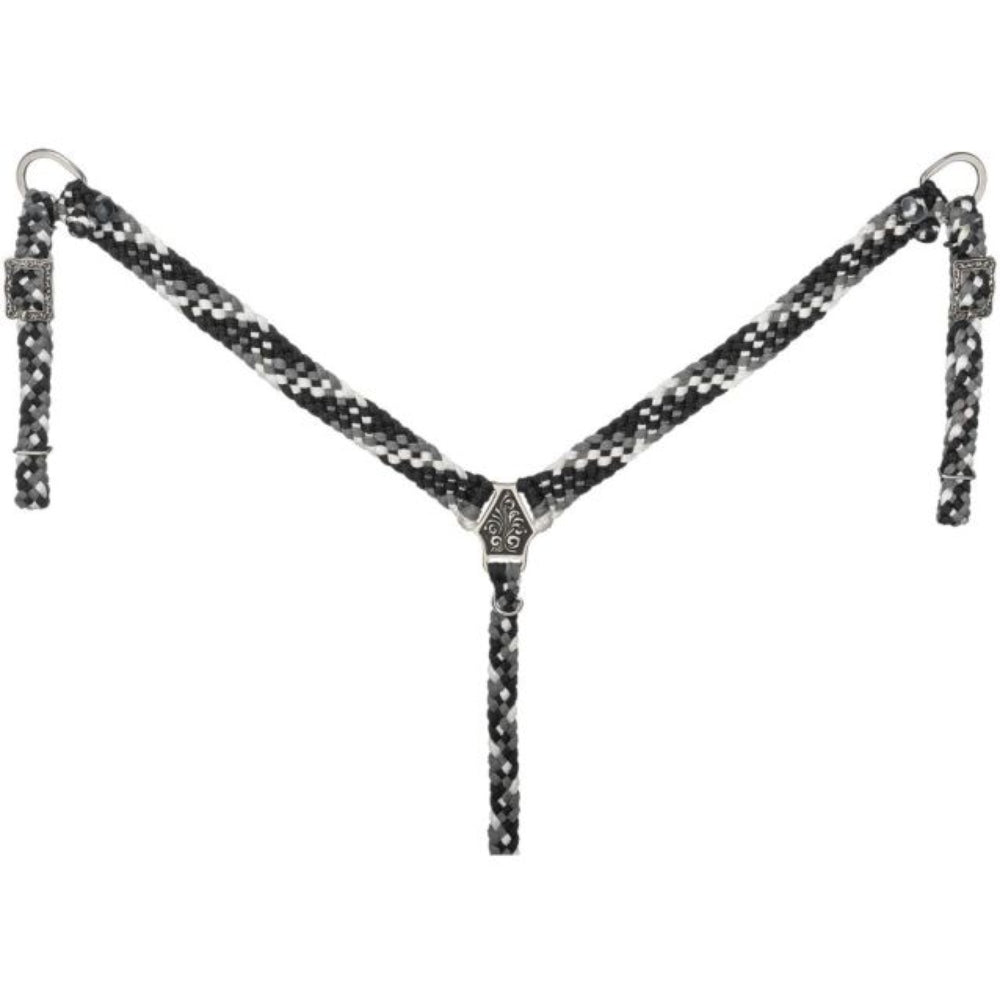 Tough1 hand-braided black, grey, and white poly western breast collar with antique silver-finish center heart plate and hardware.