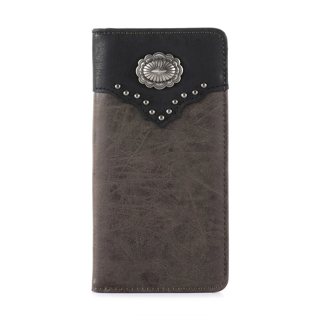 Brown leather wallet with black top section and decorative concho on a white background