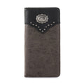 Brown leather wallet with black top section and decorative concho on a white background