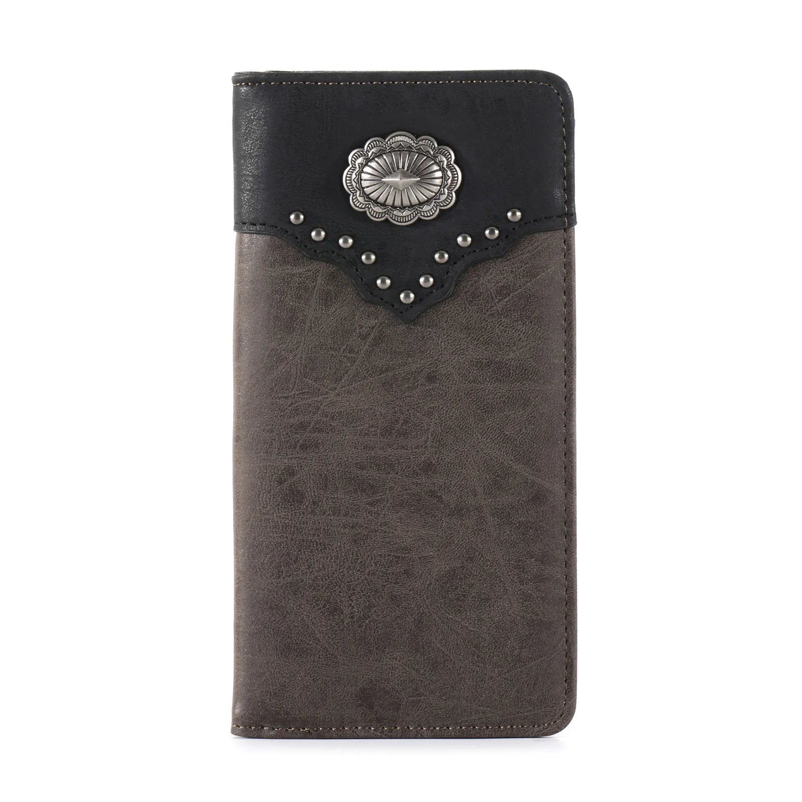 Brown leather wallet with black top section and decorative concho on a white background