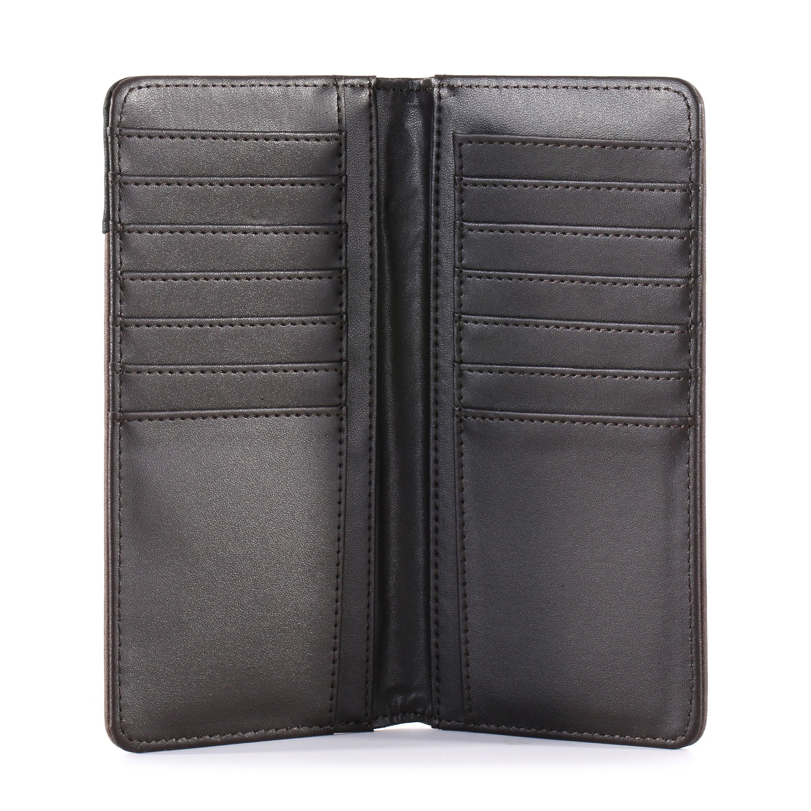 Black leather wallet open on a white background