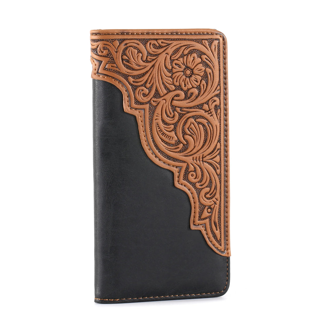 Men’s Long Embossed Floral PU Leather Bifold Wallet