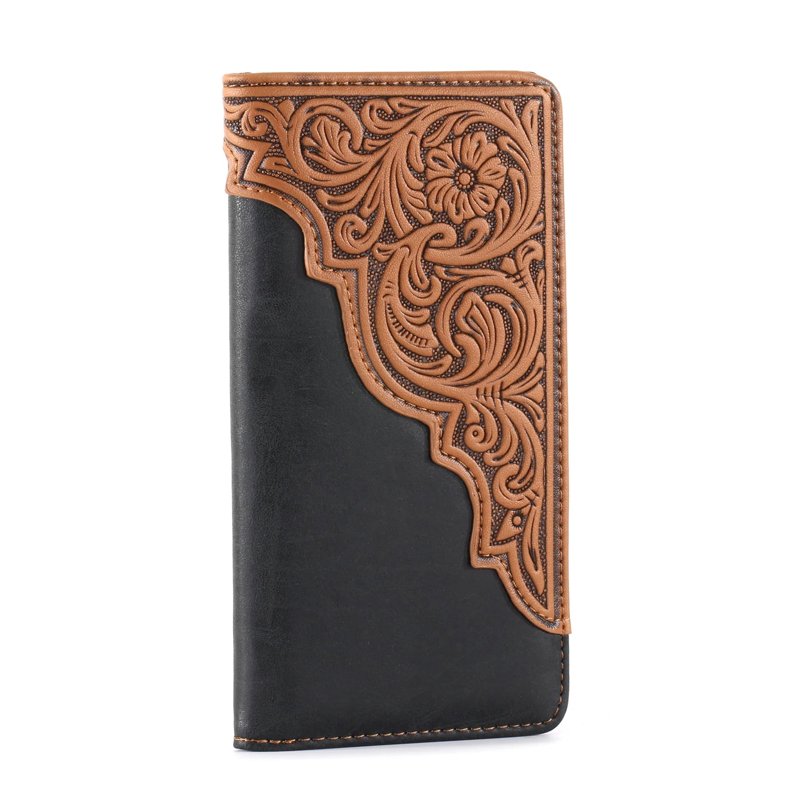 Men’s Long Embossed Floral PU Leather Bifold Wallet