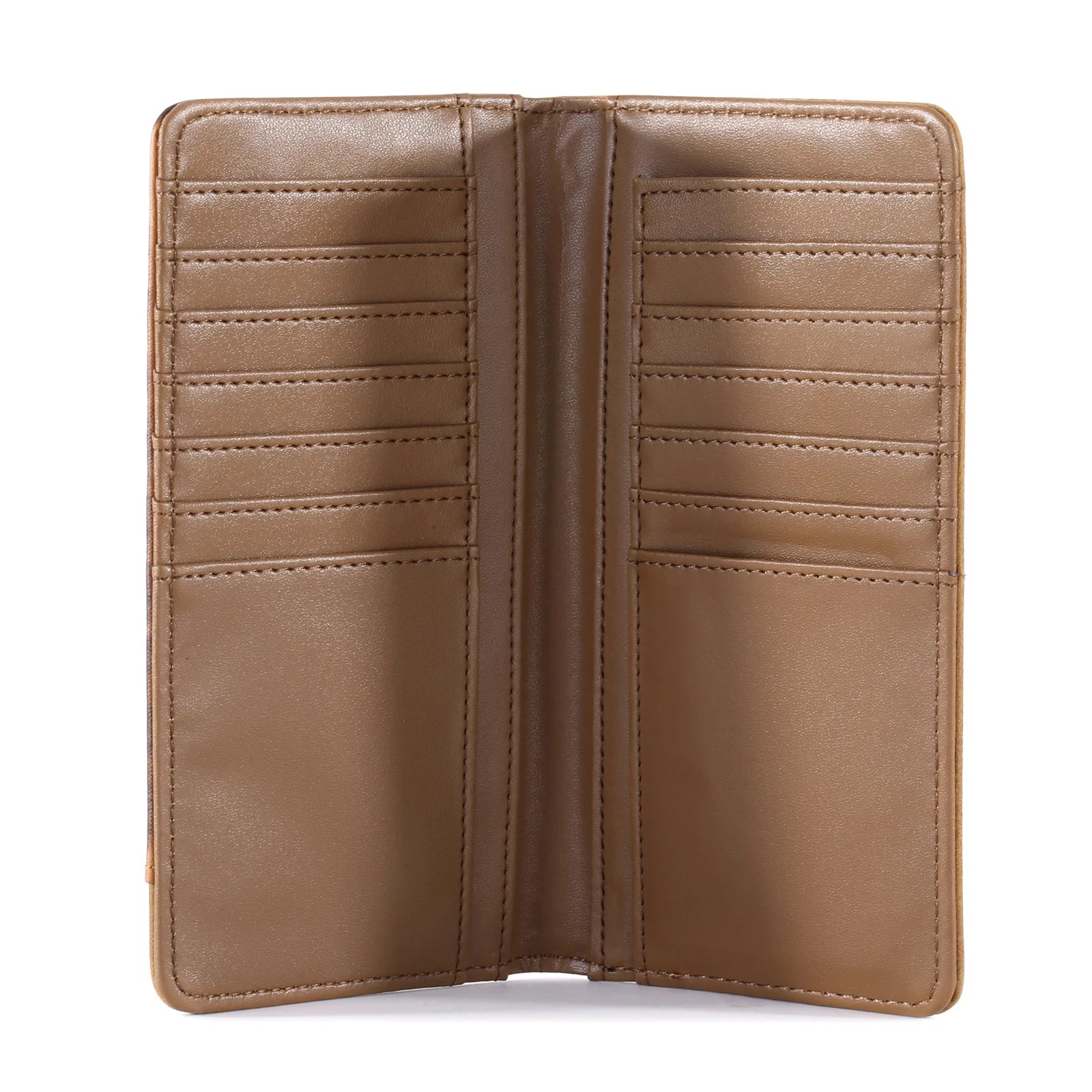 Open brown leather wallet on a white background