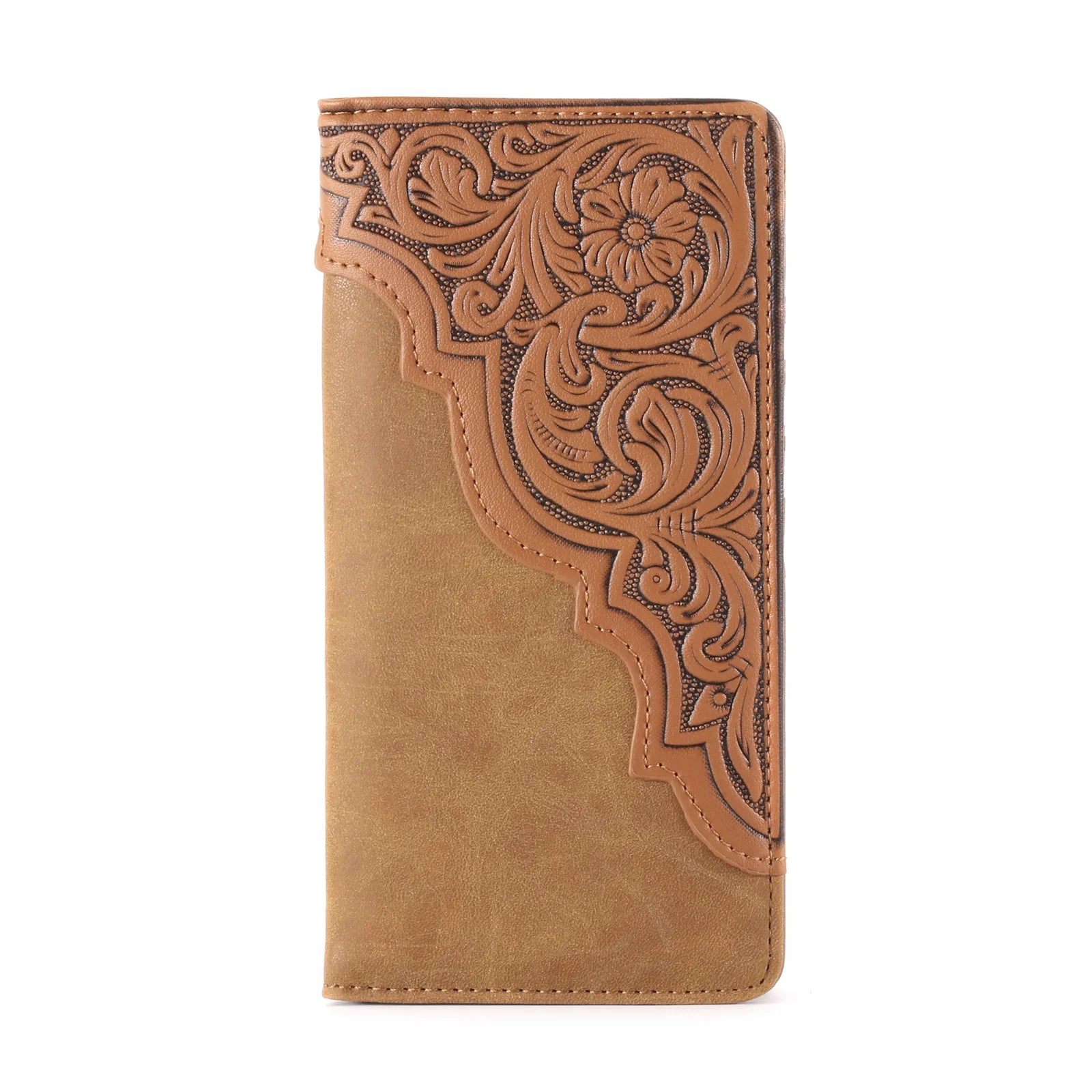 Brown leather wallet with intricate embossed design on a white background