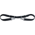 A black nylon no bounce stirrup strap with multiple ds and 2 scissor snaps. 
