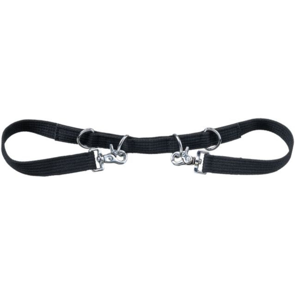 A black nylon no bounce stirrup strap with multiple ds and 2 scissor snaps. 