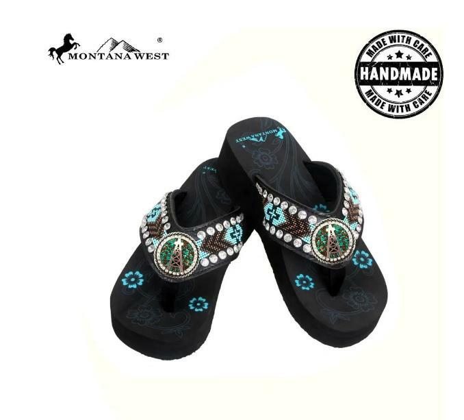 Montana West Aztec Hand Beaded Flip Flops – Turquoise & Bronze – Final Clearance