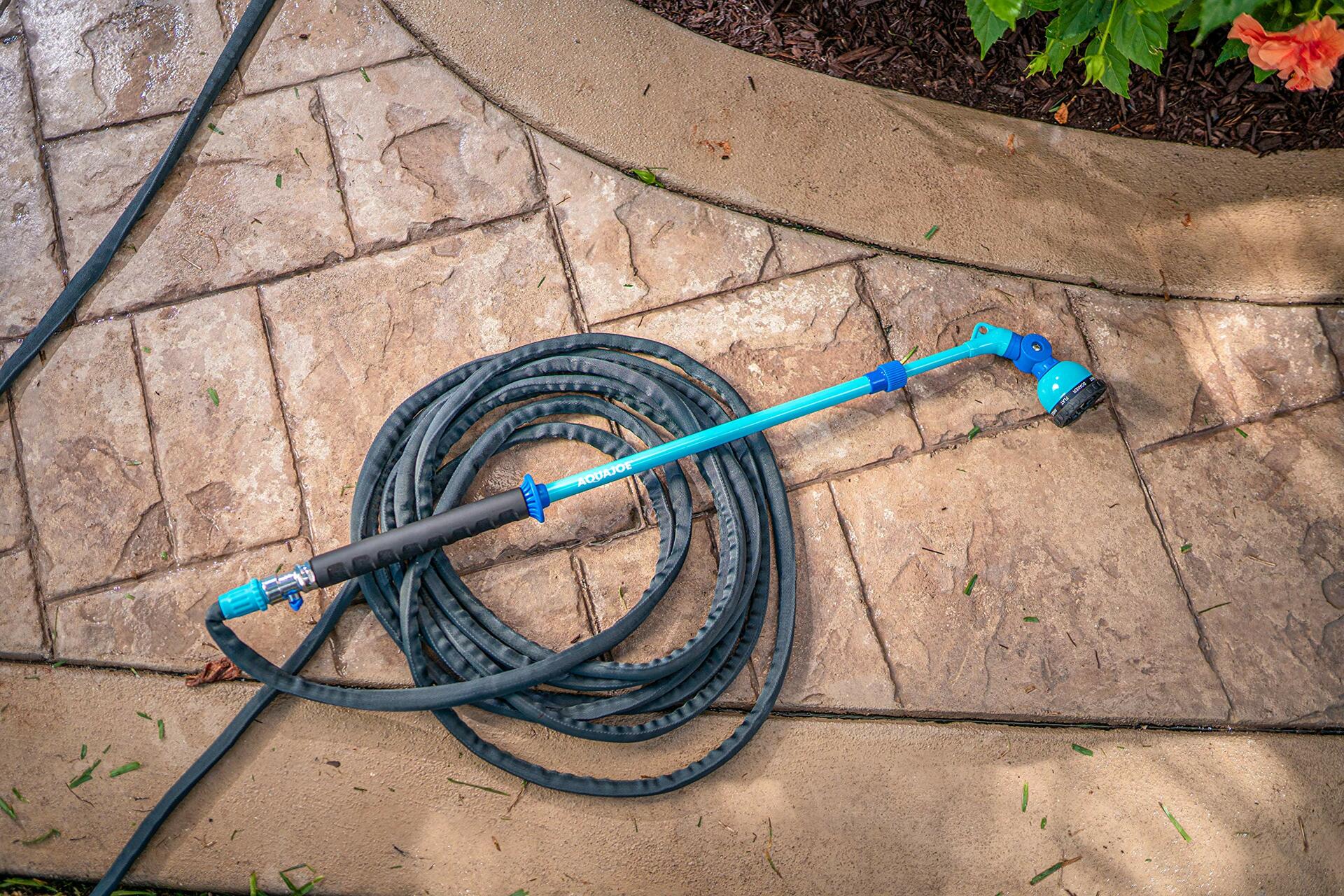 Ergonomic Aqua Joe water wand with adjustable metal head and rubber grip
