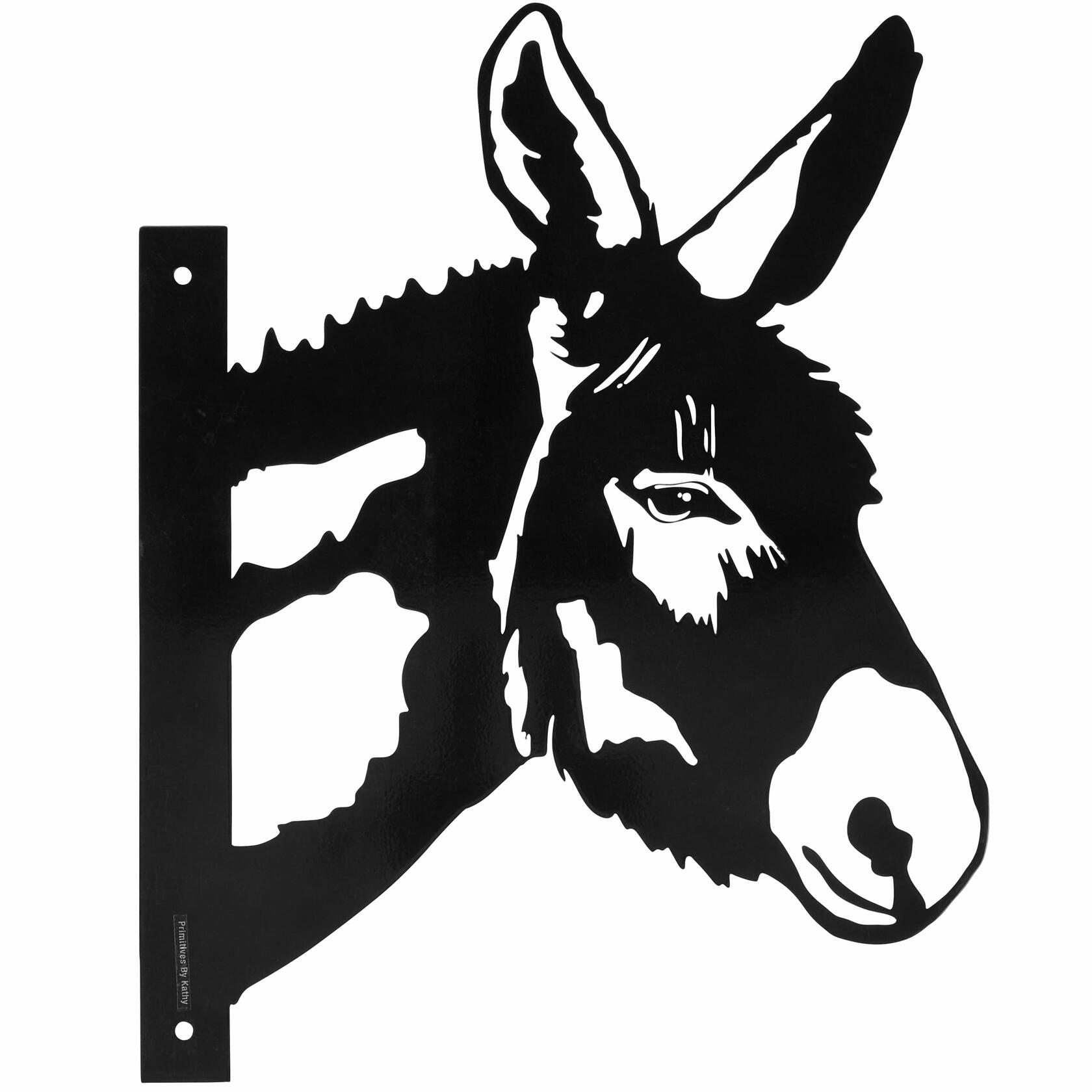 Rustic metal donkey outdoor art from Homestead Collection peeking around wooden fence for farmhouse décor.