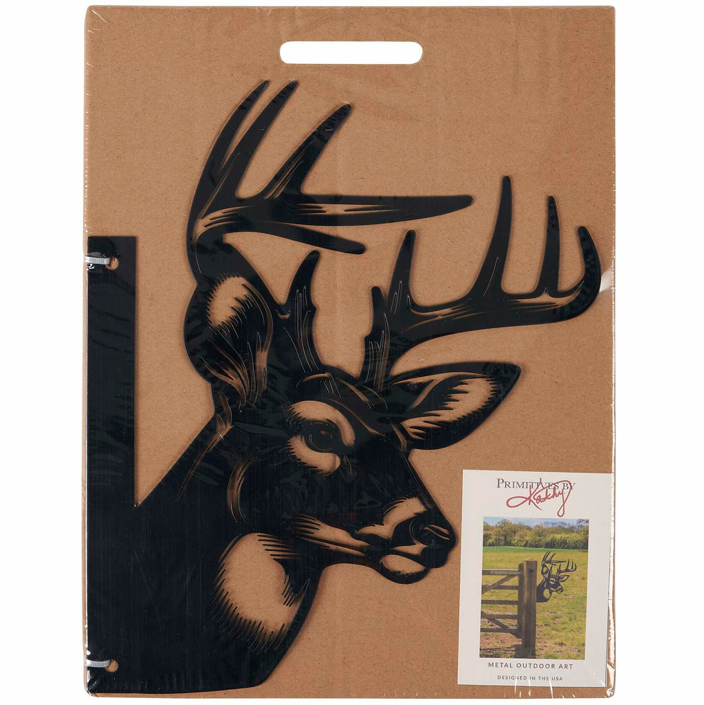 Cutout silhouette of stag in durable metal design, perfect for rustic cabin or campsite decoration.
