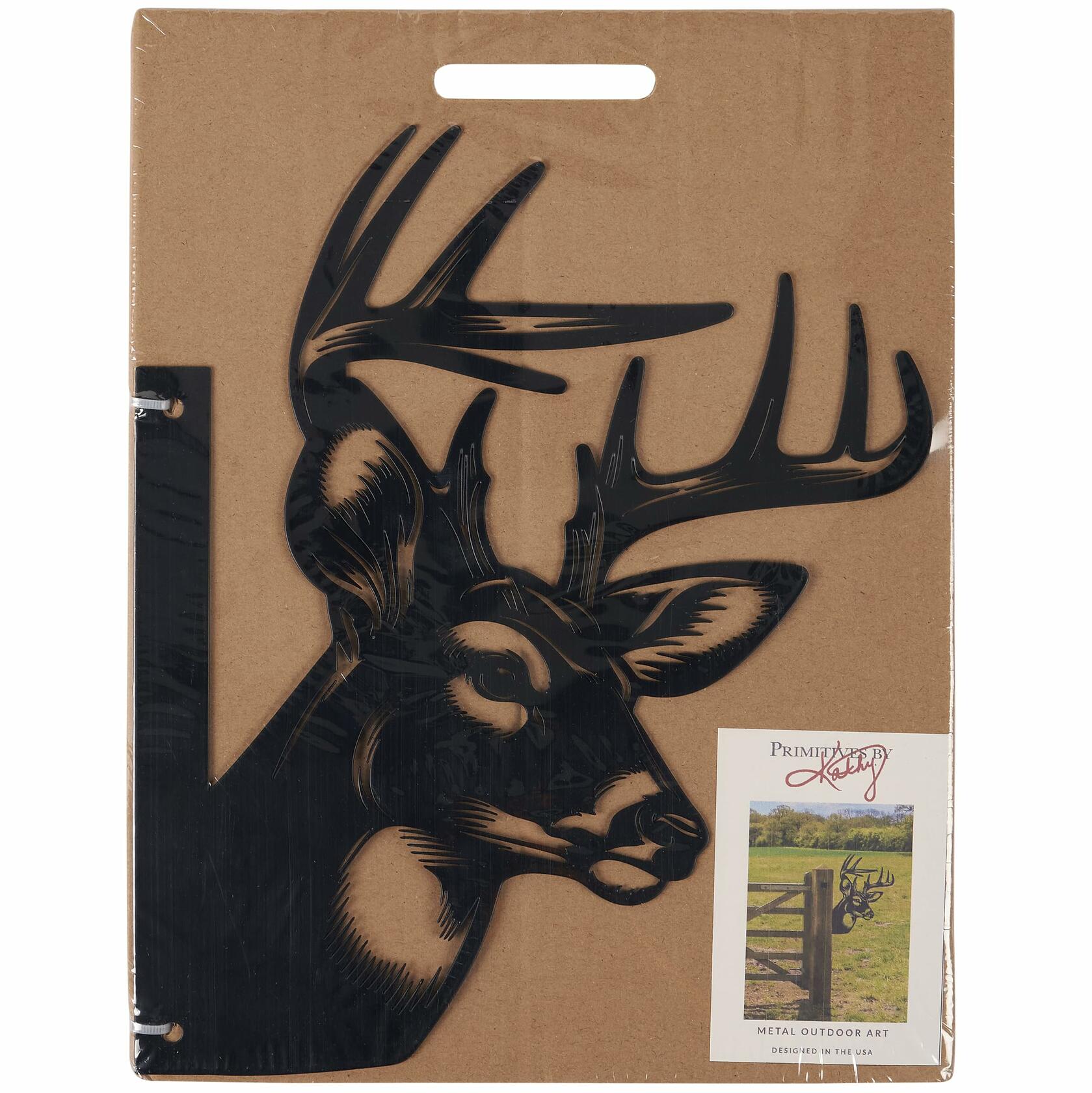 Cutout silhouette of stag in durable metal design, perfect for rustic cabin or campsite decoration.