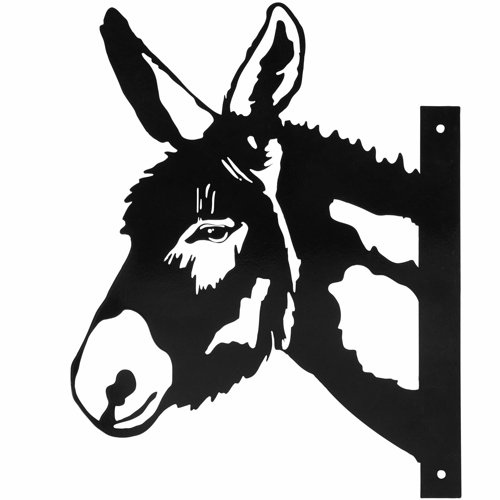 Cutout metal donkey wall décor with expressive features, mounted outdoors on wooden post.