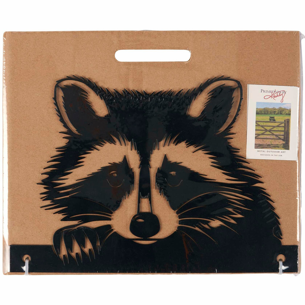 Rustic raccoon silhouette metal art with pre-drilled holes, perfect for fences or railings at cabins or lake houses.
