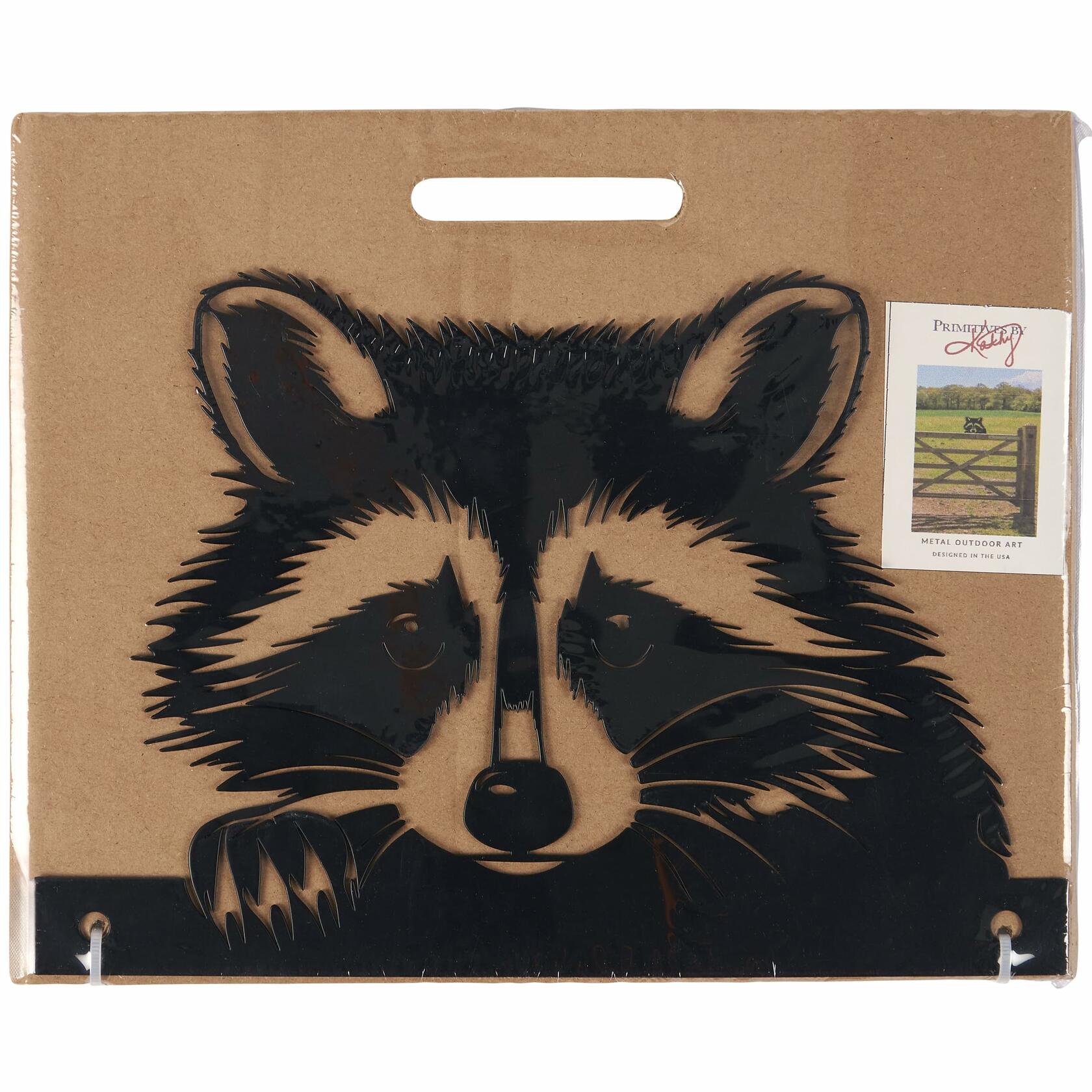 Rustic raccoon silhouette metal art with pre-drilled holes, perfect for fences or railings at cabins or lake houses.
