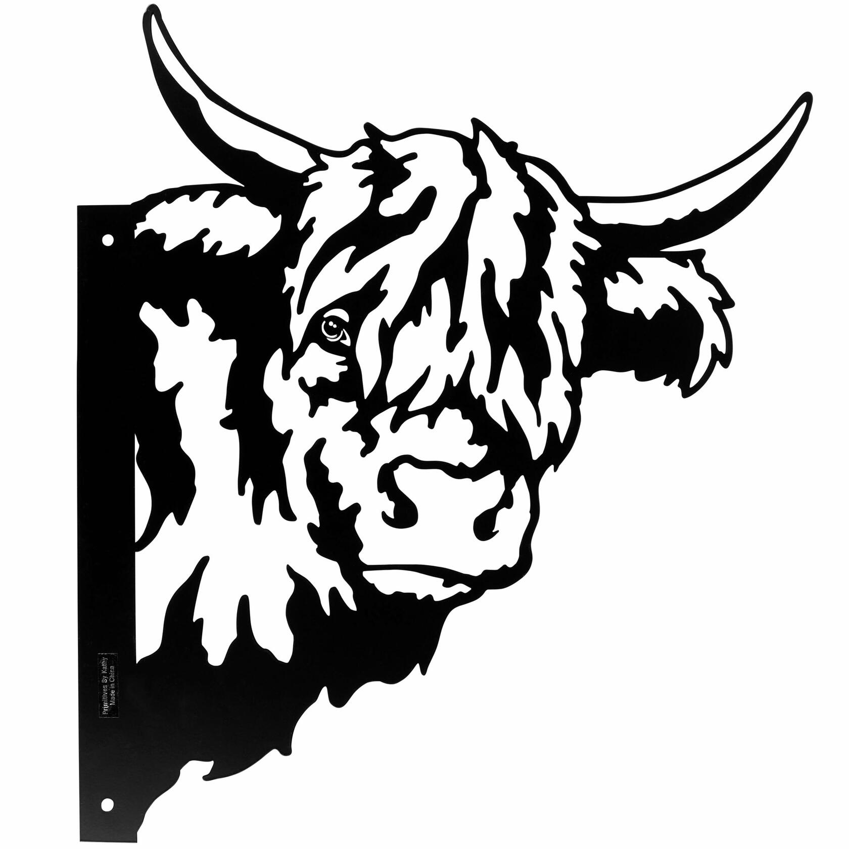Cutout metal highland cow wall décor with shaggy hair and curved horns, mounted outdoors on wooden post.
