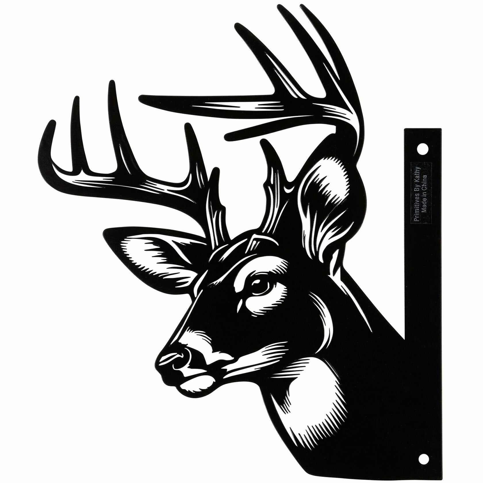 Rustic metal stag outdoor art piece from Lake & Cabin Collection mounted on tree for woodland décor.