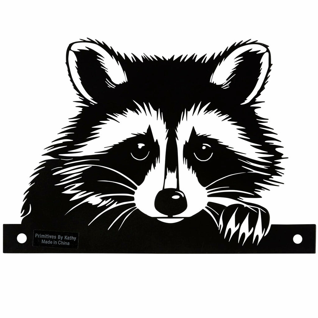 Metal raccoon outdoor art piece from Lake & Cabin Collection, mounted on wooden fence for rustic garden décor.

