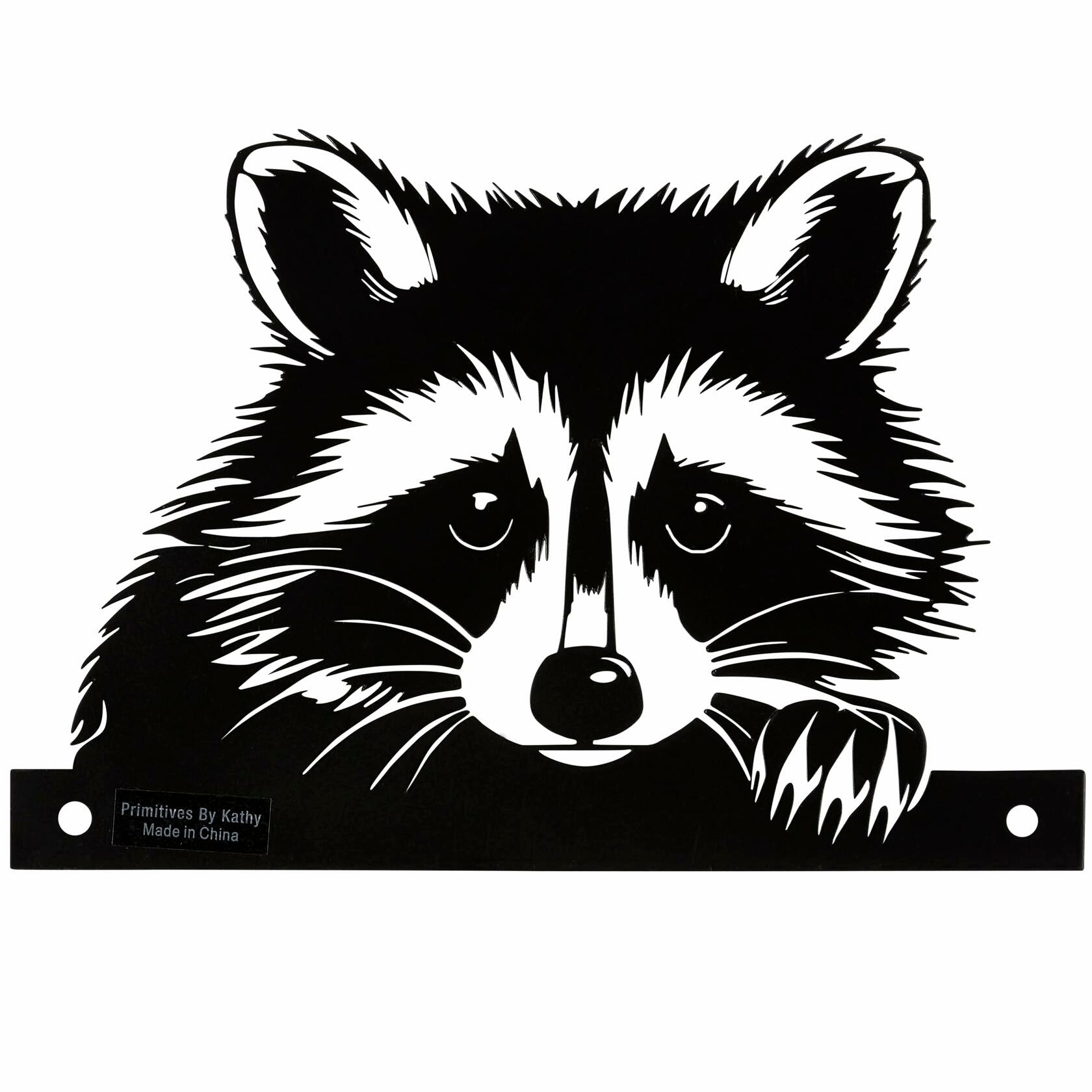 Metal raccoon outdoor art piece from Lake & Cabin Collection, mounted on wooden fence for rustic garden décor.

