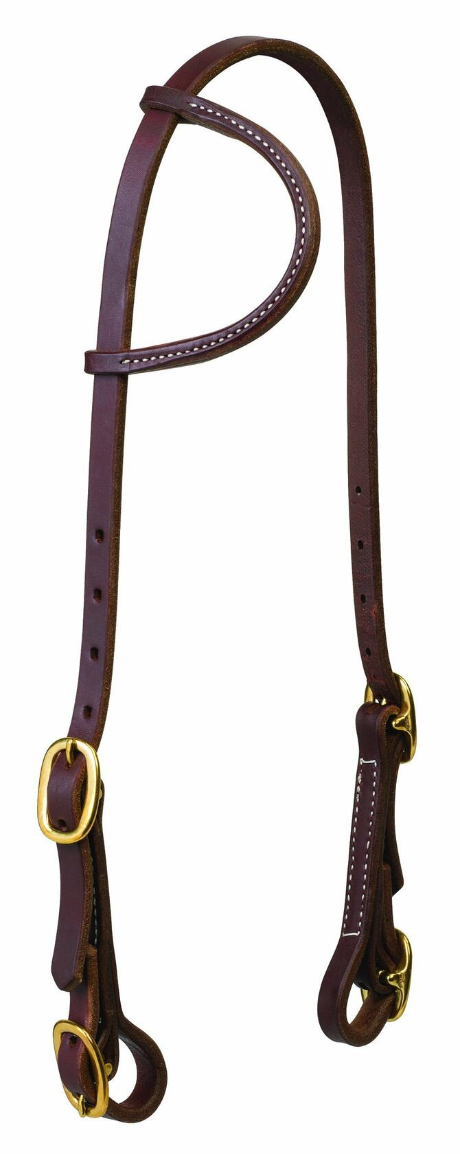 Weaver Leather sliding ear headstall made of soft genuine leather with solid brass buckle bit ends displayed on white background