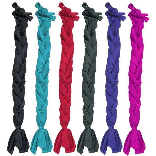 Lycra braid-in horse tail bag featuring three sleeves for braiding, displayed in nylon spandex material
