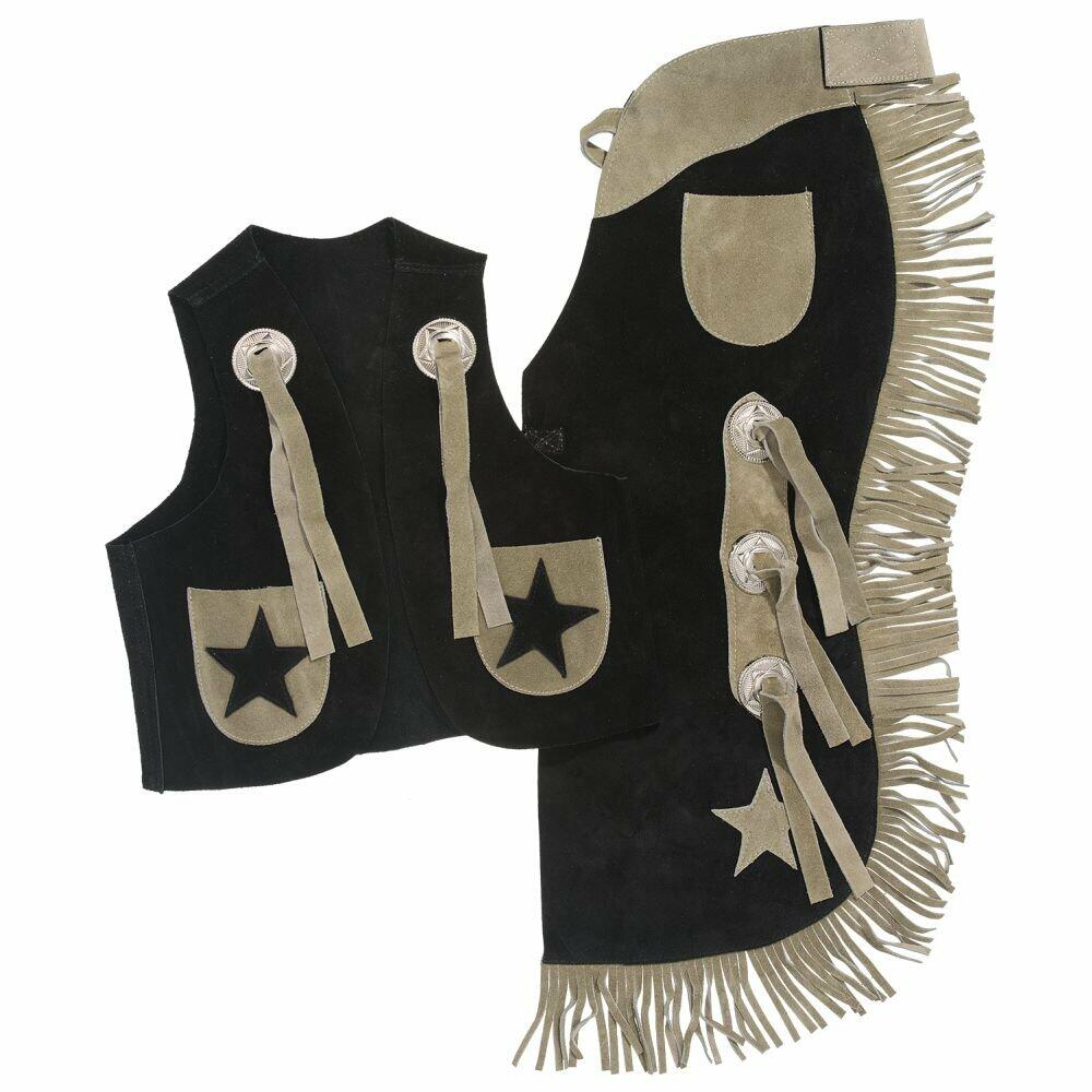 Tough-1 youth black leather vest and chaps set with star design, medium size, final clearance